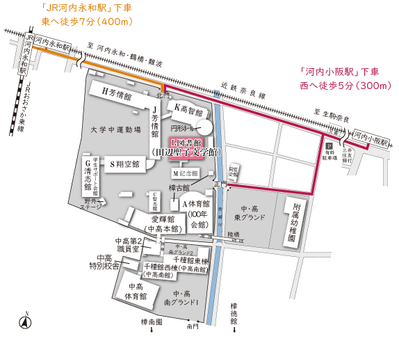 最寄り駅から田辺聖子文学館までの案内地図